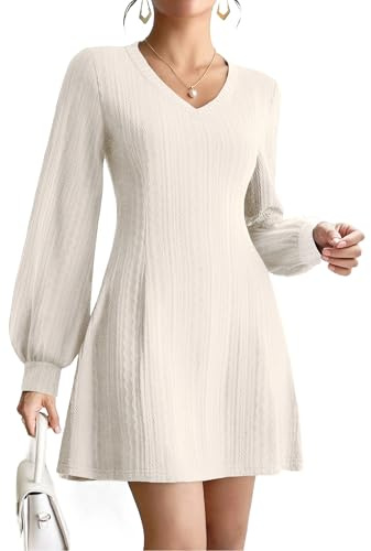Zeagoo Long Sleeve Dresses for Women V-Neck Cable Dress Knee Long Lantern Sleeves Jumper Dress Autumn Beige XL