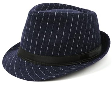 Zylioo XL Trilby Fedora Cappello da uomo in lana anni '20 Manhattan cappello gessato gangster cappello a tesa corta Panama Jazz Cap, Gessato-Blu Navy, Medium