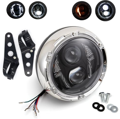 APEBAZY Faro anteriore per moto da 6,77 pollici con supporto Faro LED Faro rotondo per moto Certificato E Per Cafe Racer, Bobber e Chopper (Stile 2)