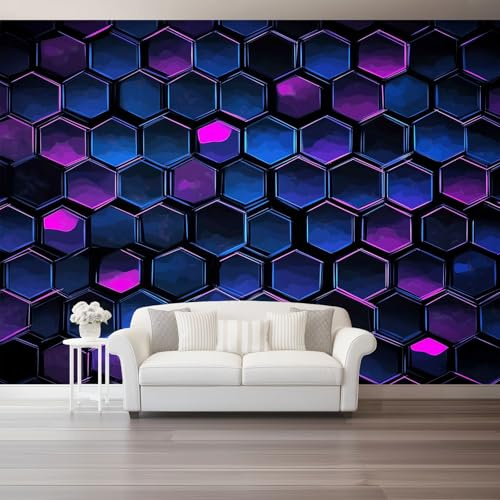 Papel tapiz fotográfico 250 x 175 cm Revestimiento de paredes decoración de salón Diseño Hexágonos Abstractos para dormitorio, sala de estar, papel tapiz no tejido, decoración de pared, Azul Morado