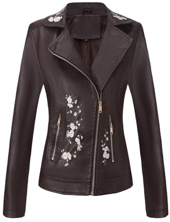 Veste en Cuir Femme Brodée Sans Capuche Revers et Fermeture Éclair Manteau Femmes Zipper Manteau Court Blazer à Manches Longues Blouson de Motard Femme Veste en Imitation Cuir Printemps Automne