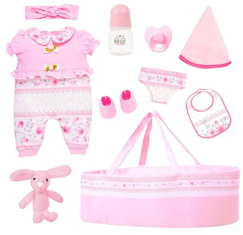 Jorzer Babydocktillbehör 10 st/set 45 cm docktillbehör med korg, kläder, bröstvårta, matningsflaska och mer.