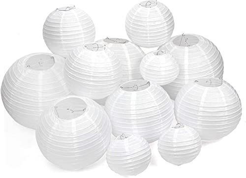 Meisax 12 Stücke Papierlaterne Weiße Lampions Rund Lampenschirm Hochzeit Dekoration DIY Kinder Papierlaterne Weiß (15/20/25/30cm)