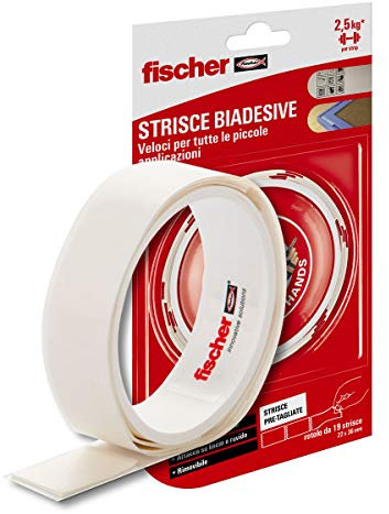 Fischer Tiras adhesivas de doble cara NTJH, tiras precortadas de cinta adhesiva de doble cara, hasta 2,5 kg para tiras, cómodas para fijar marcos, placas, carteles, rollo de 19 rayas, 552159, 22 x 36