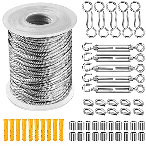 Cable De Acero Kit SuspensióN De Cuerda, Cuerda De Alambre De Acero Inoxidable Revestido De Pvc,Tensores Para Cables, Cable De Acero Plastificado, Para Colgar Luces De Cadena,Fotos,JardíN (30m)