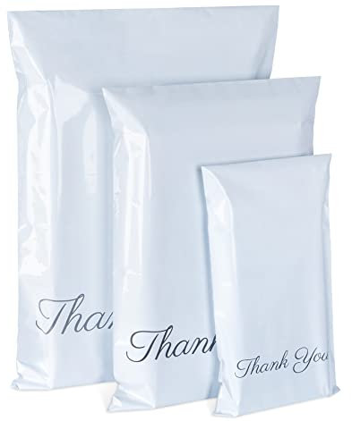 Weiß Versandtüten aus Plastik mitThank You,60 Stück Versandtaschen in 3 Größen,A3 B4 C5 Versandbeutel Plastik Selbstklebend und Blickdicht für Kleidung und Textilien(15 x 27/25 x 35/30 x 42cm)