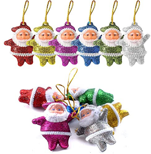 HUPOO Christmas Tree Ornaments, 12Pcs Mini Santa Claus Doll Pendant Colorful Glitter Hanging Ornaments Craft for Christmas Tree Gifts Home Doors Windows Decorations Party Supplies.