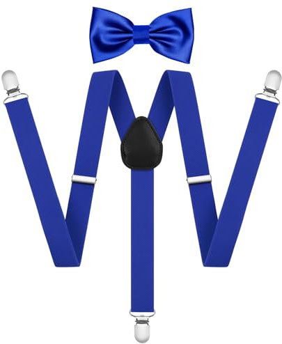 AOOWU Breda hängslen med fluga i ett set, 2,5 cm hängslen, justerbara hängslen med fluga för män med mycket starka 3 metallklämmor, en storlek för män och kvinnor (kostym, kungsblå, vuxen)