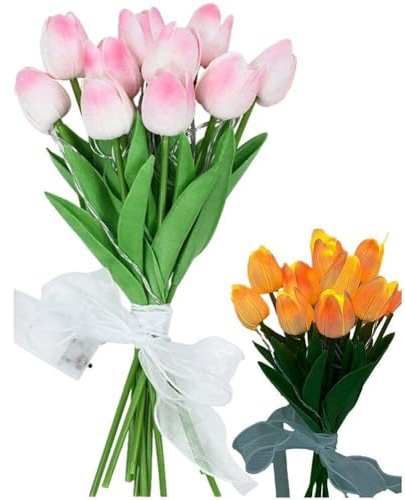 10 st Tulips Konstgjorda Blommor Med LED-Ljus, Äkta Touch Falsk Nattlampa Bukett För Heminredning, Present Bord För Jul
