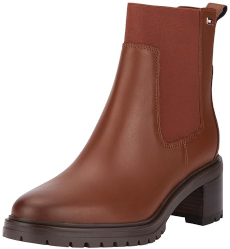 Tommy Hilfiger Botines Chelsea Mujer Mid Heel de piel, Marrón (Cognac Brown), 41