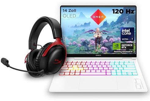 HP OMEN Transcend Gaming Laptop, 14 Zoll 2,8K OLED 120Hz, Intel Core Ultra 9 185H, 32 GB DDR5 RAM, 1 TB SSD, NVIDIA GeForce RTX 4070 (8GB), QWERTZ, Windows 11, Weiß inkl. HyperX Cloud III Wireless