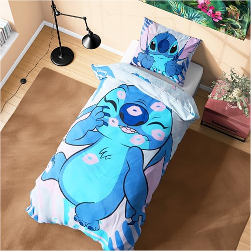 Disney Stitch Juegos de Fundas Nórdicas, Pack con Funda de Edredón y Almohadas - Tamaño Individual o Doble (Azul Stitch Single)