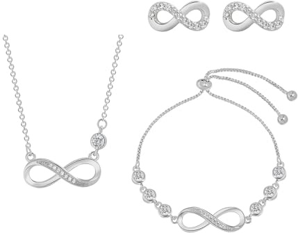 XIWCAFC Jewellery Set for Women Silver Infinity Heart Necklace Stud Earrings Bracelet Set White Gold Plated Diamond Pendant Necklaces Gift for Her Girls,Cubic Zirconia Jewelry Gifts (Silver)
