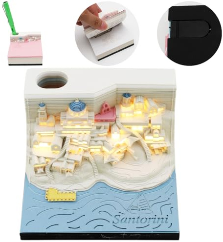 DASIAUTOEM 3D-anteckningsblock kalender 2025, Santorini 3D-pappersskulpturer, 2025 bordskalender anteckningsblock, 3D Magic Castle veckokalender med ljus och pennhållare, kreativ födelsedagspresent
