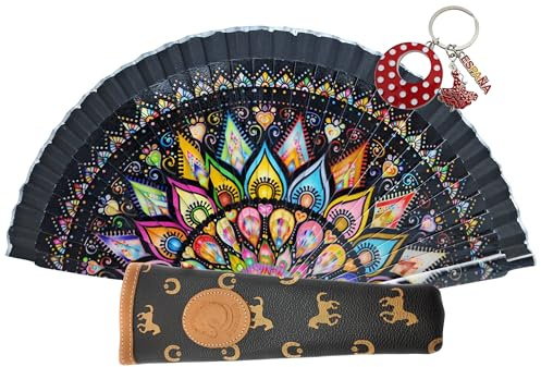 Planta Color Abanicos Flores, Paisajes y Figuras de Colores con Funda Artesanal. Precioso Abanico de Madera con Funda Fabricada en España. (Negro Marrón)