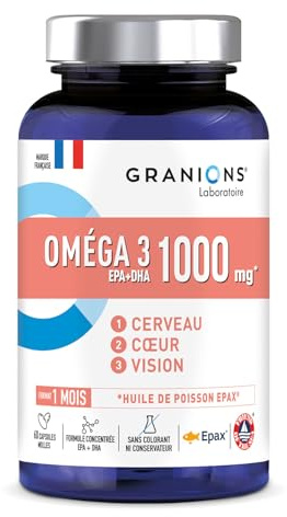 OMEGA 3 1000 mg GRANIONS | Huile de Poisson Sauvage EPAX -Haute Concentration Omega 3 DHA EPA + Vitamine E - Complément Alimentaire Omega3 - Oméga-3 Sans OGM, Certifié Friend of the Sea- 60 Capsules