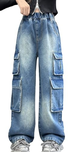 Filles Jeans Droit Loose Fit Casual Relaxed Trendy Denim Fit Droit Multi Pocket Enfants Hip Hop Bleu 170
