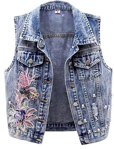 Runstarshow Womens Sleeveless Denim Vest Ladies Jean Waistcoat Short Gilet Button Up Retro Denim Jacket Elegant Embroidered Floral Spring Fall Clothing Size S-XXL/UK 6-16