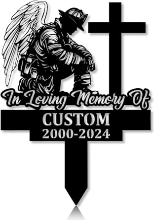 Personalized Firefighter Grave Marker Angel Firefighter Kneeling at Cross Memorial Garden Stake 8-24 inch Fireman Dad Loss Gift, Memorial Gift (Angel Firefighter Kneeling at Cross)