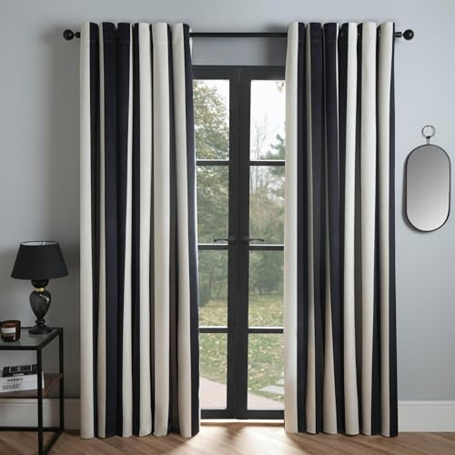 OHS 2 Panel Ultra Blackout Curtains, Monochrome Stripes Print Velvet Thermal Insulated Noise Reducing Blackout Curtain Eyelet Ring Top For Bedroom Living Room, 46x72In