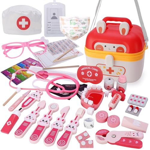 VBACALA Arztkoffer Kinder Holz Set,42PCS Doktorkoffe mit Kaninchen Medizinschrank,Stethoskop,etc Rollenspiel Spielzeug Doktorkoffer für Kinder ab 3,4,5 Jahre
