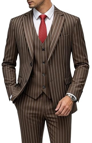 MOGU Mens 3 Piece Pinstripe Suit Slim Fit Double Vents Tuxedo Jacket Vest & Pants Casual Dress Set, Brown, L