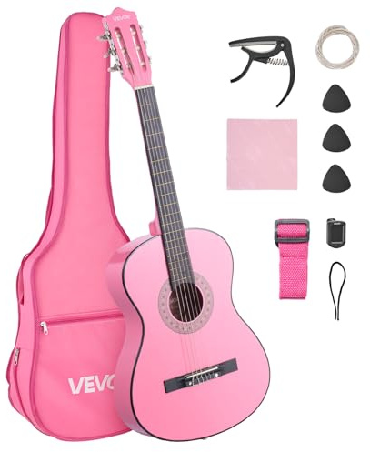 VEVOR Konzertgitarre, 960 mm, Holz-Klassikgitarren-Starter-Set für Anfänger, mit Nylonsaiten, Gigbag, Gurt, Stimmgerät, zusätzlichen Saiten, Plektren, Kapodaster, Linde, für Einsteiger, Pink