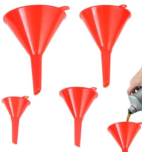 Kitchen Funnel Set, 4 Sizes (122mm-50mm), Food Grade Plastic -Funnels for Filling Bottles or Containers Automotive Car Oil Funnel Tool, Engine Wide Mouth Bottle (Red)