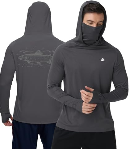 ZITY Men's Sun Protection Hoodie with Mask UPF 50+ UV Long Sleeve Lightweight Shirt Rapid Drying Fishing & Rash Guard Grey L