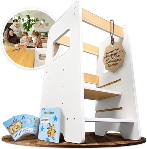 Lernturm für Kinder ab 1 Jahr – Mit Aktivitätskarten für echte Nutzung im Alltag, sicherer Learning Tower mit Wobble Stop Design, 2 Stufen & höhenverstellbar für Küche & Bad | Montessori (Weiß)