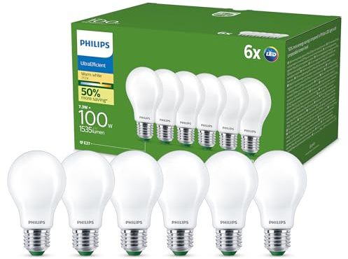 Lampadina LED Philips UltraEfficient, Confezione da 6, A60, E27, 1.535 Lumen, 100 W, Risparmio Energetico, EyeComfort, Lunga Durata, Luce Bianca Calda 2.700 K, Design Classico, Smerigliata