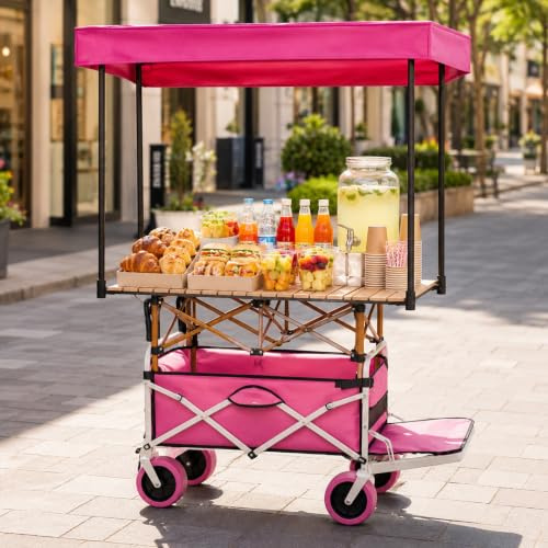 HARELA Carro de Venta Ambulante, Carrito de Comida Callejero, Genérico Puesto De Mercado con Toldo, Carrito De Vendedor De Comida para Venta De Alimentos(Pink)