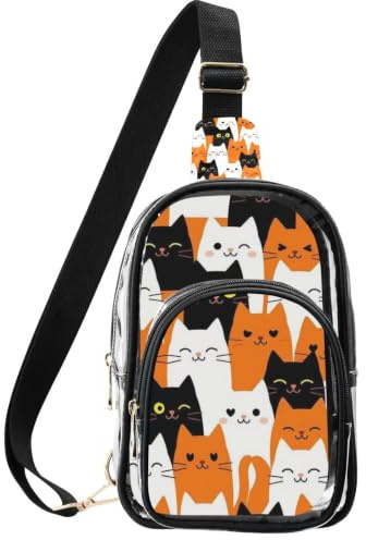 Crossbody bröstväska för dagliga pendlare med dold stöldsäker bakficka | Bomullsband, uppfyller platsens säkerhetsregler, ingen axelömhet, svarta orange kattansikten