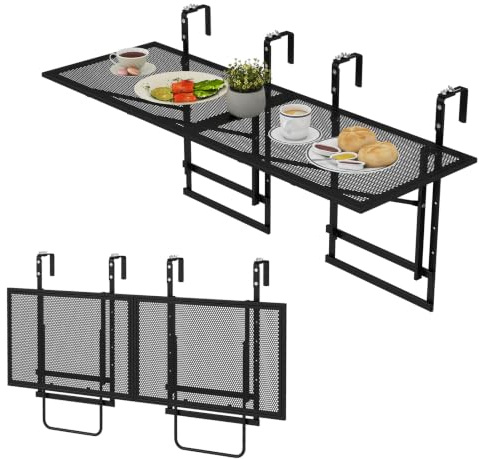 GIANTEX Mesa Colgante para Barandilla de Balcón, 121 x 46,5-51 x 60-80 cm | Juego de 2 Mesas Auxiliares con Altura Ajustable en 5 Niveles y Tablero de Malla, Mesita Metálica Plegable para Terraza Patio