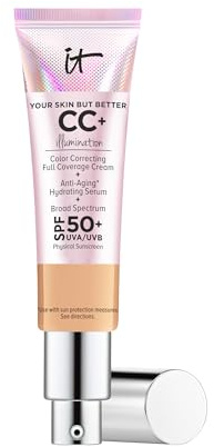 IT Cosmetics CC+ Cream Illumination (Medium Tan) - Radiant Full Coverage Foundation With SPF 50+, Color Corrector & Hydrating Anti-Aging Serum, Hydrolyzed Collagen + Peptides - 1.08 fl oz