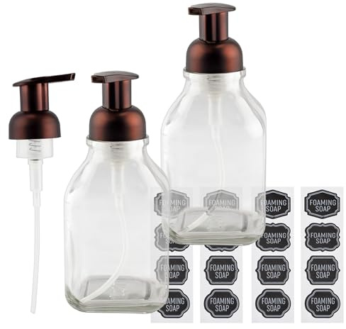 Cornucopia Brands 16-Ounce Square Glass Foaming Soap Dispensers (2-Pack, Clear Bottle w/Bronze Color Pump)