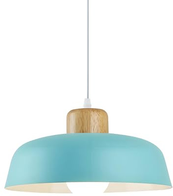 HJXDtech ⌀30cm Pendelleuchte Esstisch, Moderne Bunt Hängeleuchte aus Metall & Holz E27-Fassung, Höhenverstellbar Hängelampe für Küchen, Esszimmer, Schlafzimmer & Wohnzimmer (Babyblau)