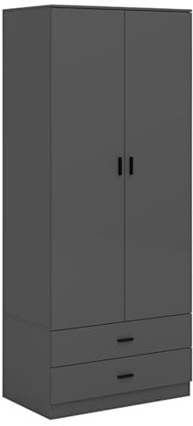 URBNLIVING Tall Wooden 2 Door Wardrobe With 2 Drawers Bedroom Storage Hanging Bar Clothes (Black, Contemporary)