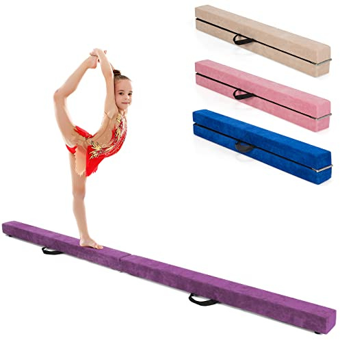 COSTWAY Barra de Equilibrio Gimnasia de 210 cm, Viga de Equilibrio Plegable de Gimnasia, Barra Gimnasia Artistica con Empuñaduras, Resistente al Desgaste para Niños Gimnastas y Animadoras (Violeta)