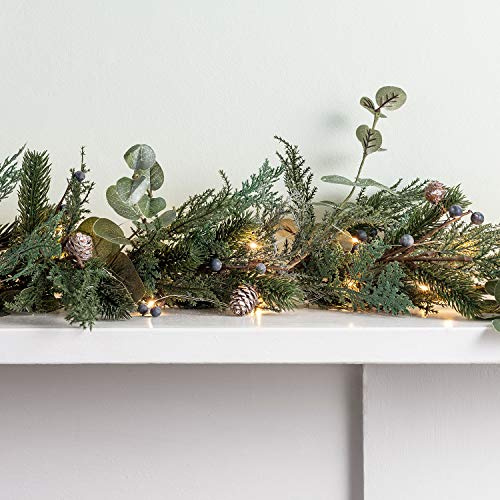 Lights4fun 2 m förupplyst frostade bär och tallkottar, konstgjord julgirlang, dekoration med batteridrivna mikro-LED-ljusslingor