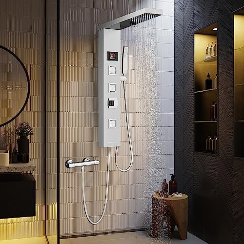 ROVOGO LED Duschpaneel ohne Armatur und Batterie, 5-Funktion Duschsäule mit Temperaturanzeige, Regendusche, Massagedusche, Handbrause, Wanneneinlauf für Bad Dusche, Duschpaneel Edelstahl Gebürstet