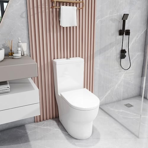 Robanmoa Close Coupled Toilet WC Open Back Comfort Height Toilets for Bathrooms Cloakroom, White Ceramic Pan & Dual Flush Cistern Soft Close Seat Oval Compact Toilets