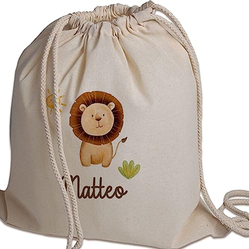 Sacchetto Porta Corredino Bebè Neonato Zaino A Sacca In Cotone 130gr Personalizzato con Nome e Animali Foresta Leone Idea Regalo Natale Compleanno Primo Cambio Nuova Nascita Bimbo Bimba in Arrivo