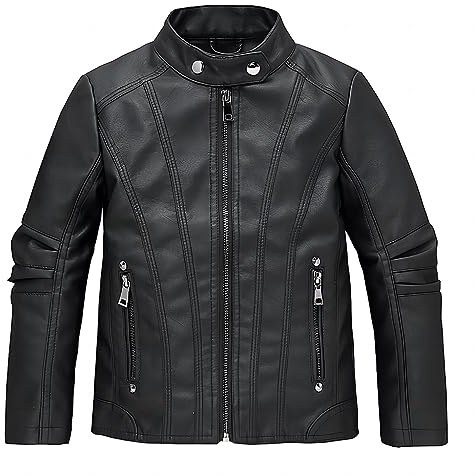 linboo Chaqueta de piel para niños, chaqueta bomber para niños y niñas, chaqueta de moto con cuello alto, chaqueta de piel sintética para primavera y otoño