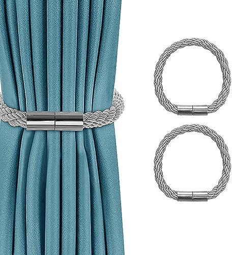 YZDZSW Magnetische Vorhang Raffhalter, 2 Stück Vorhang Clips Seil, Rückwärtige Vorhang Halter Schnallen Vorhang Binder Gardinenhalter für Haus Dekoration (2 Stück Silbergrau)