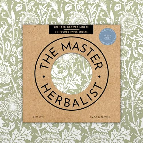 Fresh Linen Scented Drawer Liners in a Sage Green William Morris Pink & Rose Design | Gift Pack of 5 Large Folded Sheets (60 x 42cm) | Contains Essential Oils | Made in the UK by The Master Herbalist
