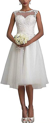 WZEFEIO Vestido de Novia Corto de Encaje, Palabra A, Civil Retro, Moda, Blanco, 48