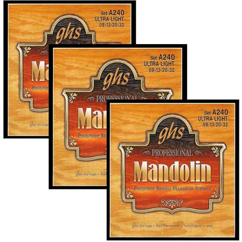 GHS Strings - Mandolin Strings - Phosphor Bronze - Loop End - Ultra Light Gauge - 009-032 - Model: A240 SET - Pack of 3 SETS