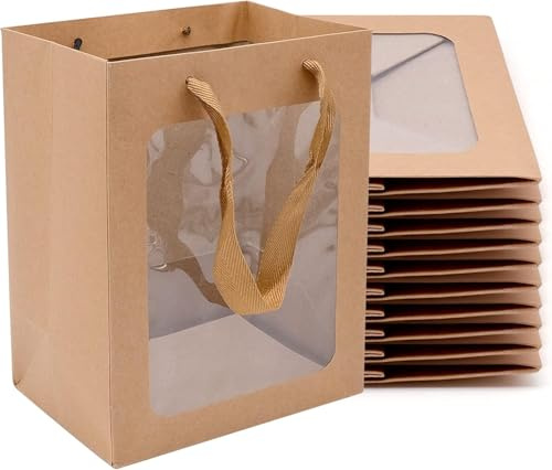 Serenelight Sacchetti Carta Kraft - 12 Pezzi Buste Carta con Manico - 250GSM Busta Regalo con Finestra - 25x18x13 cm Sacchetto per Regali - Sacchetti Regalo Marrone Kraft Shopper Carta