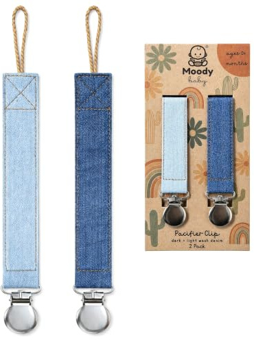 MoodyBaby® Denim Cotton Dummy Clips, 2 Pack Handmade Pacifier Clips for Babies, Soft Neutral Blue Jean Soother Holder, Fits Most Pacifiers, Unisex Baby Shower Gift